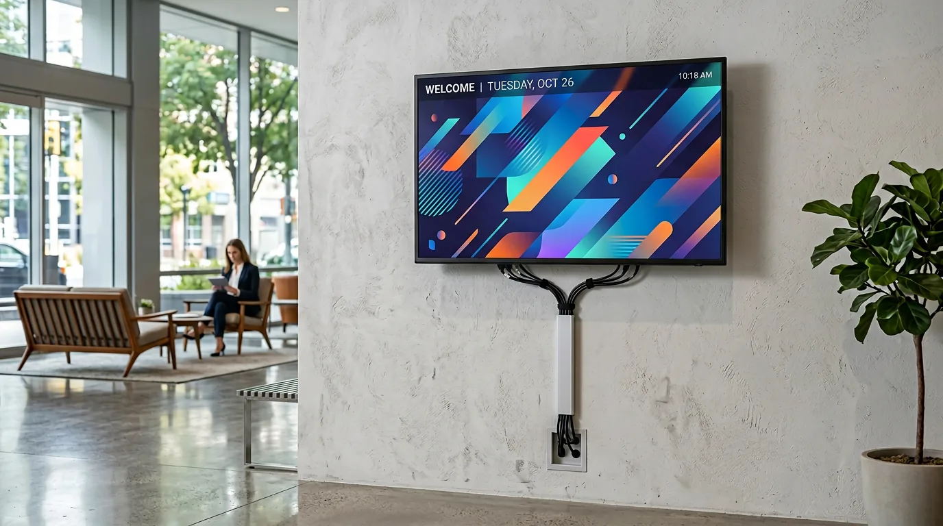 מסך שילוט דיגיטלי בלובי מסחרי עם חיווט מסודר