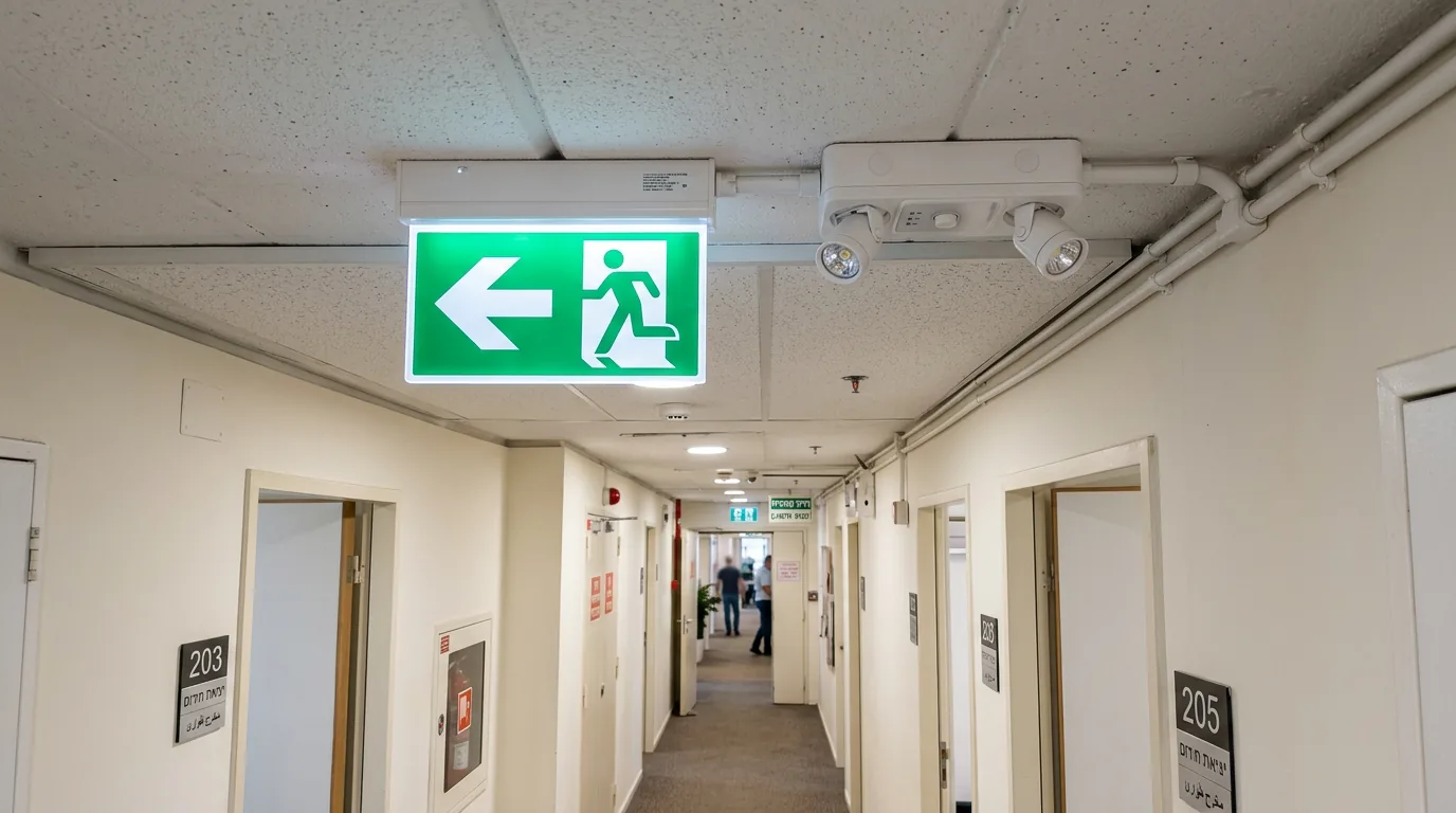 שילוט יציאה ותאורת חירום בתקרת מסדרון מסחרי