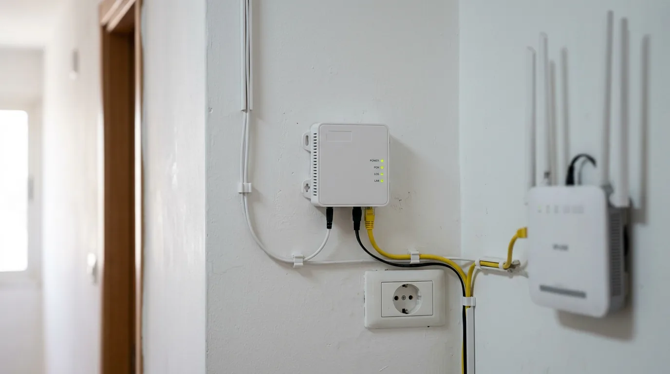 ממיר סיב אופטי ONT בדירה עם כבל סיב דק