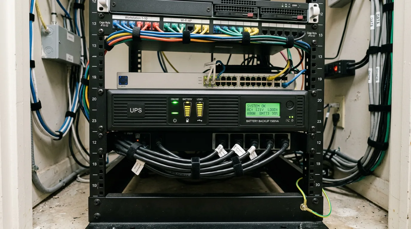 יחידת גיבוי מתח UPS מותקנת ליד ציוד רשת