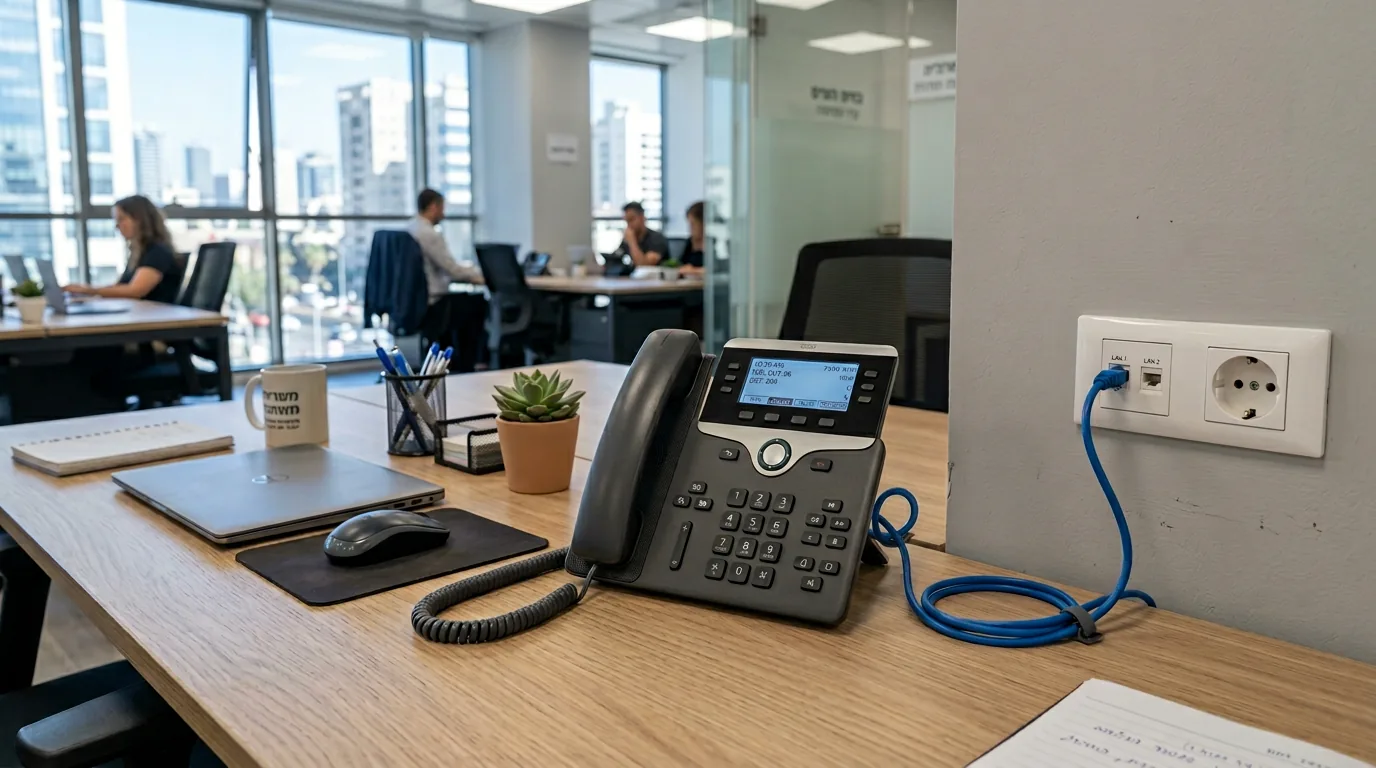 טלפון IP על שולחן משרדי מחובר לשקע רשת