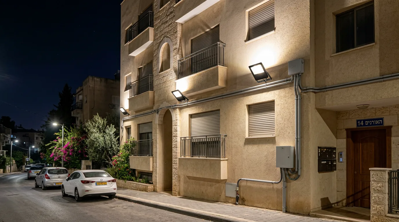 תאורת הצפה על חזית בניין בלילה