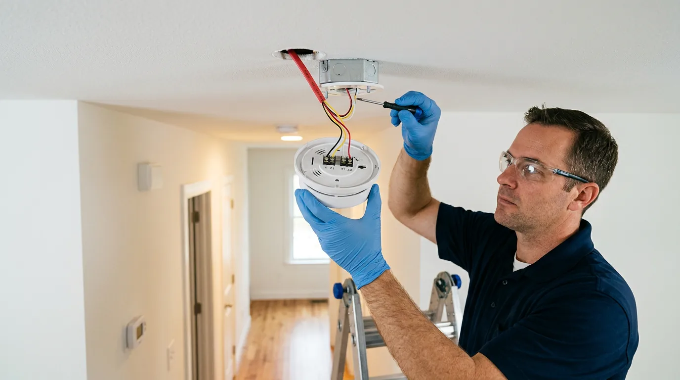 התקנת גלאי עשן בתקרה עם כבלי חיווט