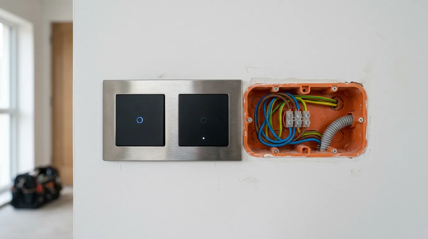 מתגים חכמים וקופסת חשמל פתוחה בשיפוץ